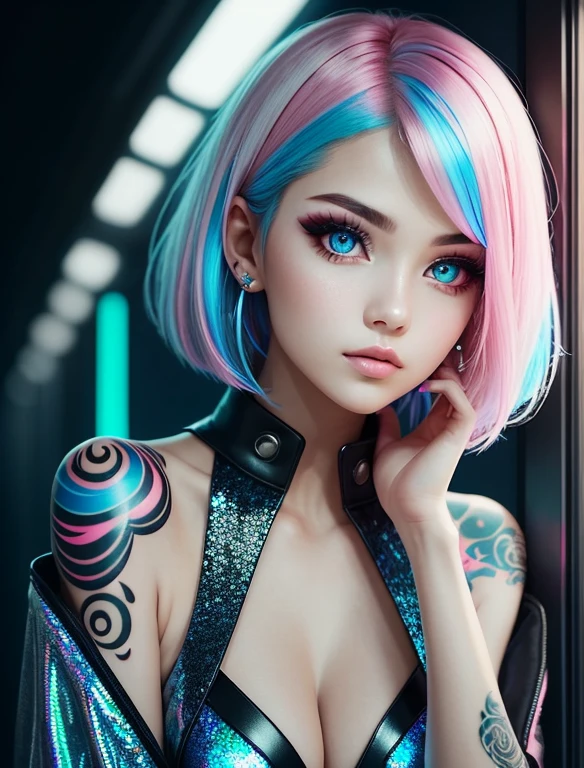 This pretty girl with bright eyes in synthography style has short, vibrant hair, carefully styled in shades of pastel blue and pink. Its intense gauze is underscored by its multi-coloured irises, which seem to illuminate the room. Your skin is smooth and translucent, with slight futuristic elements incorporated, such as small sparkles on the face. She wears soft makeup, with subtle neon touches that enhance your captivating expression. His style is bold and avant-garde, with clothes that mix technological elements and a retro touch, like a metallic dress and holographic boots. An aura of creativity and curiosity surrounds her, making her an inspiring figure in the world of art and technology. Highly detailed background:1.0), (Highly detailed background:1.0), (master part), high quality, 1girl, Woman, tattoo, depth of field, dynamic lighting, high-quality shadows,, white hair