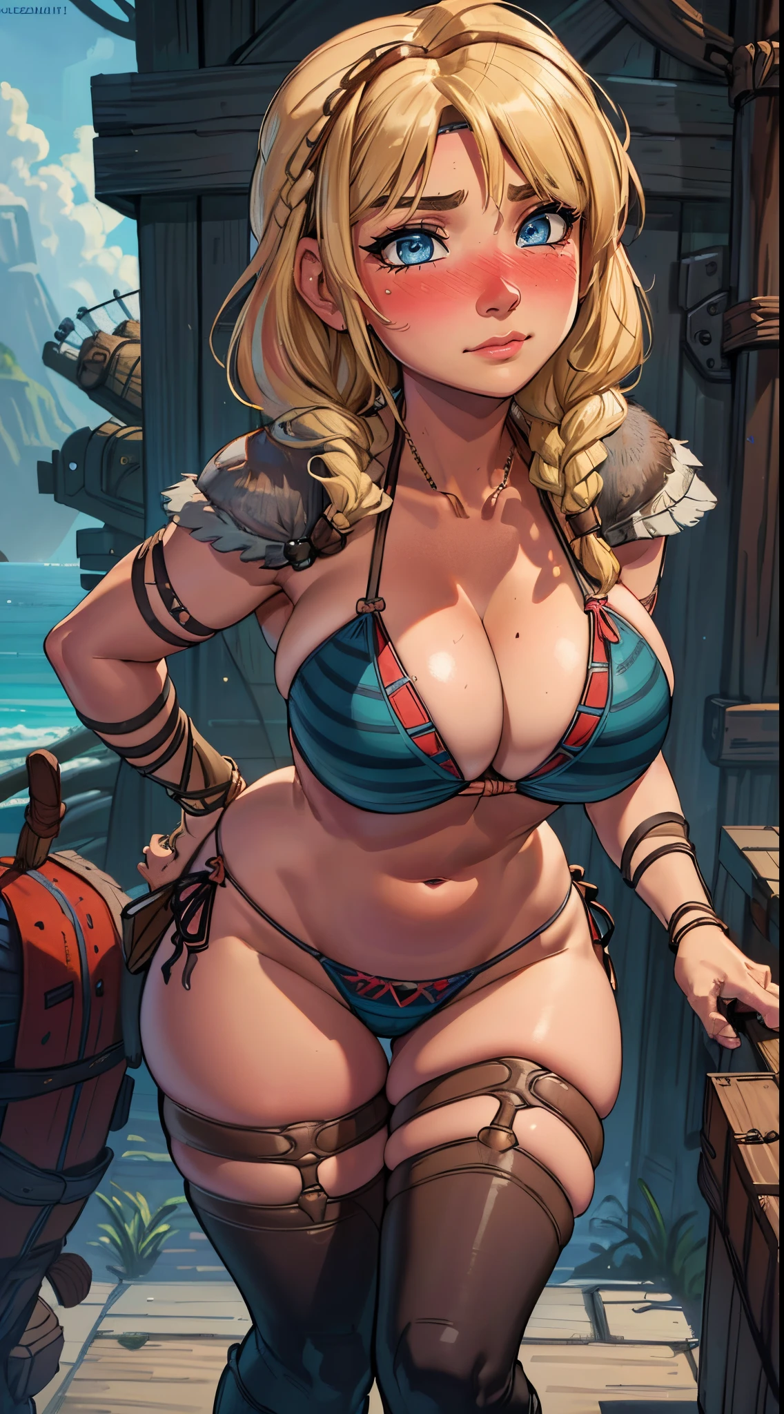 (best quality:1.3), (4k quality), 1 mature woman, Astrid from How to Train Your Dragon, ((Detailed face)), ((blushing), cleavage, sexy, (curvy body),  ((hair braids)) , (ship), ((thong bikini))