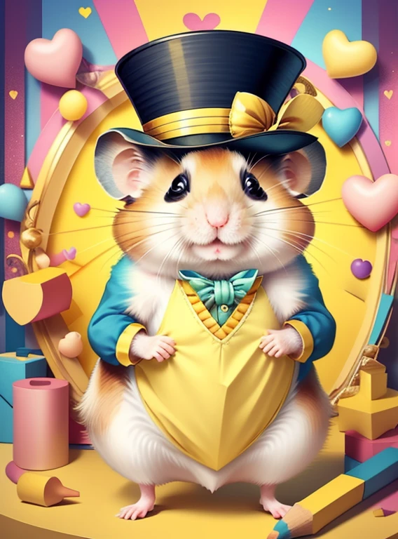 (cute hamster smiling with yellow top hat holding a heart), Munchkin ,Geometric multidimensional wall portrait, livro de arte, Tchibi,
Yang08k, Beautiful, Colouring,
Obras, of the highest quality, best quality, Arte Oficial, Beautiful and Aesthetic,