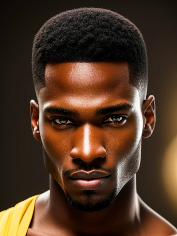 Handsome Black man, coffee color skin with greenish hue, unbelievably handsome , honey eyes, hyper realistic facial details, golden ratio beauty, defined clothing ,haute couture style clothing, short light brown hair, shaved at temples, hd crisp, cannon 6d, wide angle camera, full body shot, frontal view, concept art,masterpiece, anatomically perfect, photorealistic, complimentary light, looking at the camera