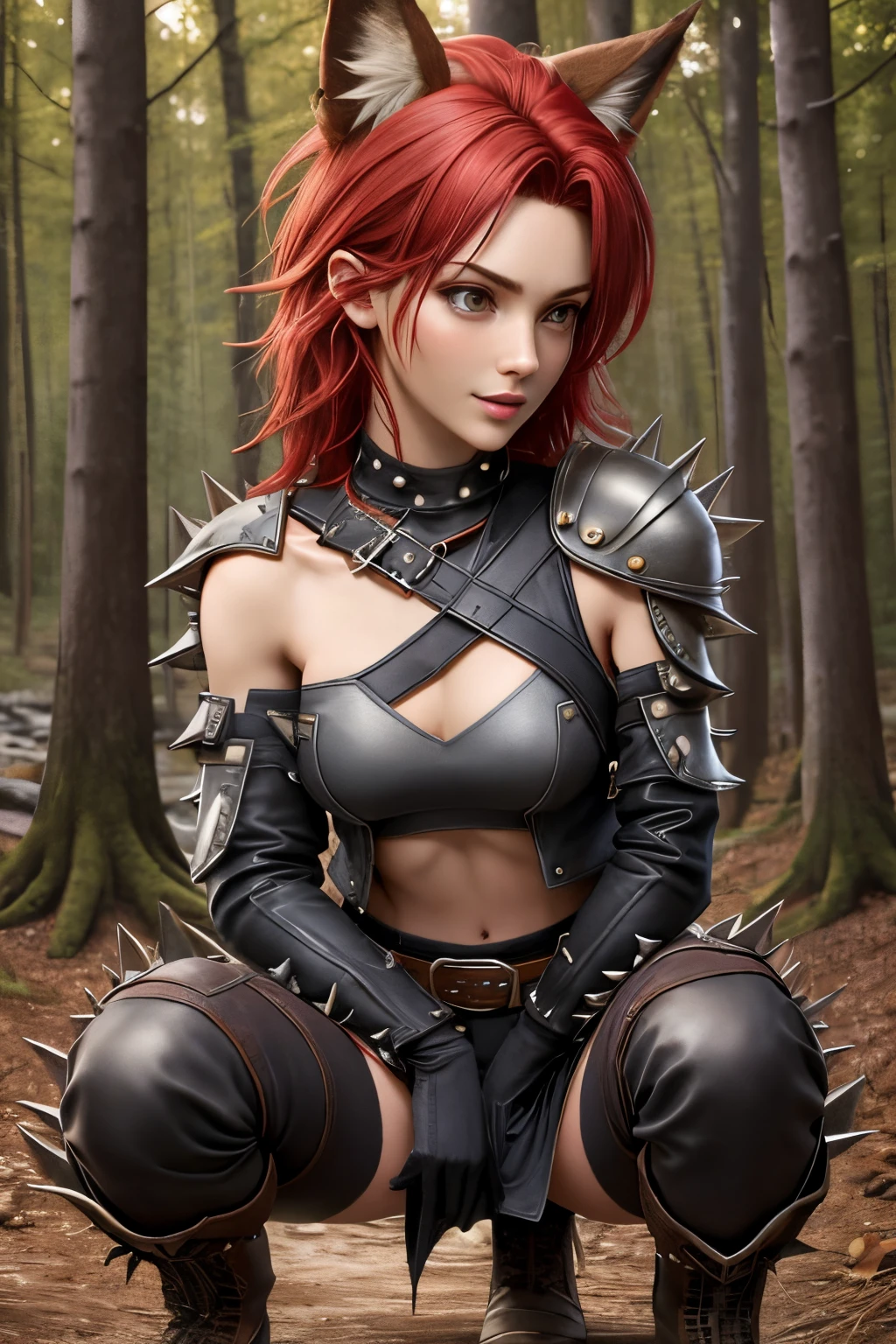 Beautiful 1girl in, fullbody, ager, Solo, spiky hair, disheveled spiky red hair, spiky red hair, light gray eyes, some small freckles, pale skin, medium breasts, cleavage, runners body, (thin hips, thin waist: 1.25), (arched back:1.12), detailed skin, neutral face, mischievous smile, revealing clothes, (wearing cropped open leather jacket, shoulder armor, cloth bralette, leather skirt, bracers, thigh high armored boots: 1.1), (groping chest: 1.23), touching herself, (crouching: 1.22), (dark dark red fox ears:1.25), (detailed magical forest background:1.1), creek, overlooking opening in forest, 4k textures, soft light, elegant, highly detailed, sharp focus, soothing tones, insane details, intricate details, hyperdetailed, low contrast, exposure blend, hdr, faded