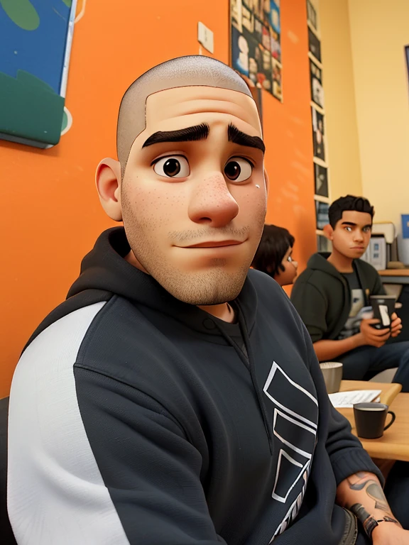 there a man sitting in a room with a bunch of people, taken in the late 2010s, taken in the late 2000s, joel torres, shaved face, portrait of danny gonzalez, taken in the early 2020s, focused face, looking sad, looking serious, sad man, serious sad look in his eyes