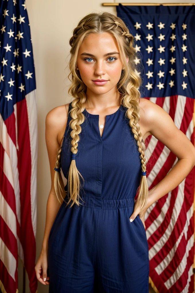 "Imagine a PORTRAIT of a friendly 27-year-old AmerICAN. She has short,neatly plaited and braided BLONDE hair, striking brown eyes. DRESSED IN 4TH OF JULY DRESS" CELEBRATING 4TH OF JULY SEXY JUMPSUIT."