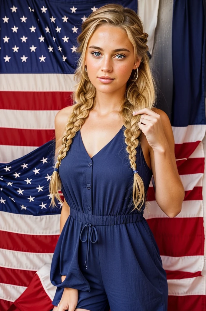 "Imagine a PORTRAIT of a friendly 27-year-old AmerICAN. She has short,neatly plaited and braided BLONDE hair, striking brown eyes. DRESSED IN 4TH OF JULY DRESS" CELEBRATING 4TH OF JULY SEXY JUMPSUIT."