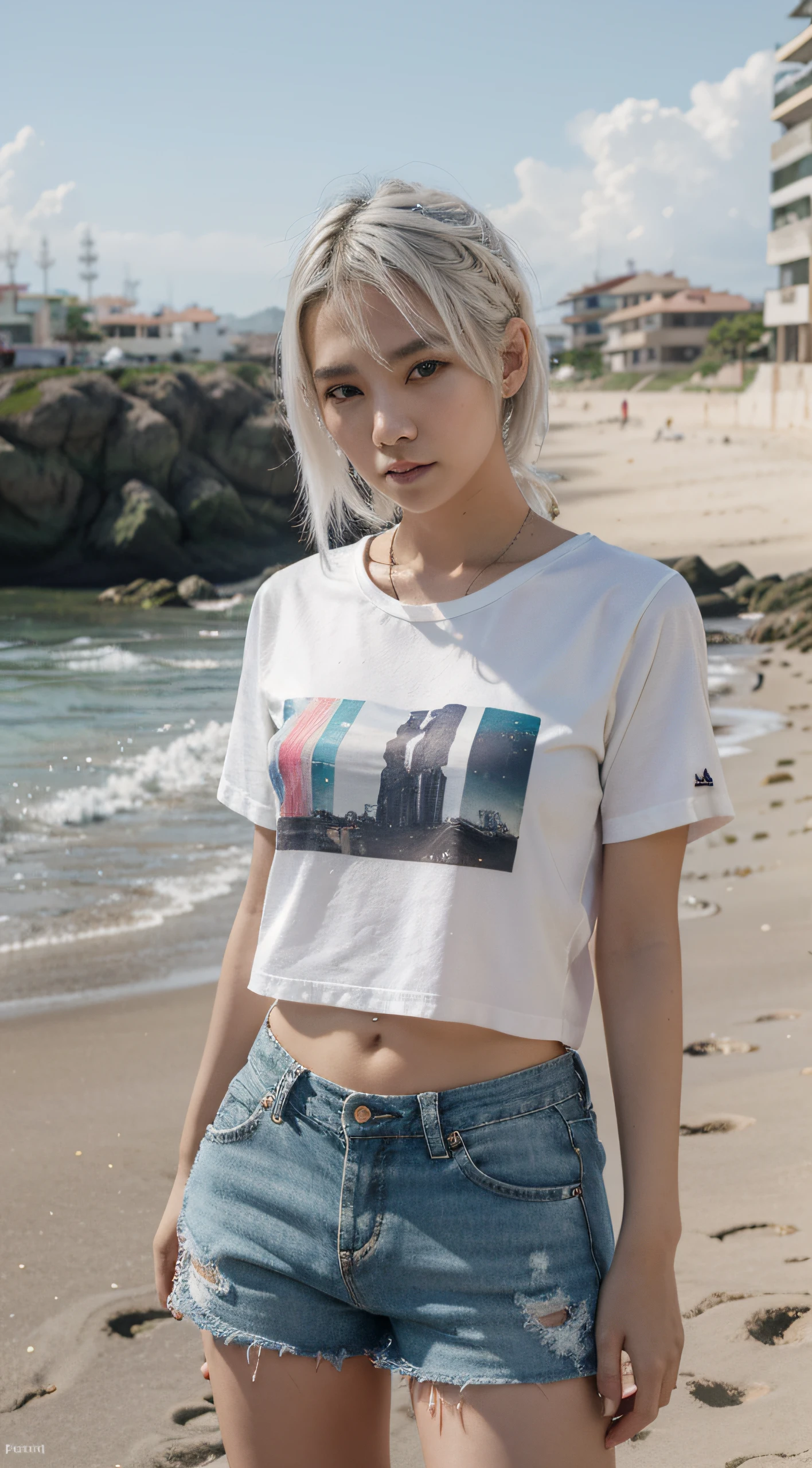 plano detalle, 20-year-old, Asian girl, asian factions, French Bob Style Hair, dyed white hair, ojos verdes, Looking at the camera, Retrato fotorrealista, enorme detalle, piel texturizada, piel detallada, camiseta blanca, shorts tejanos, estilo kpop, cara ultradetallada, en la playa, de dia, soleado, estilo de imagen hiperrealista, posando, profesional photography, tomada con Canon EOS 5D,