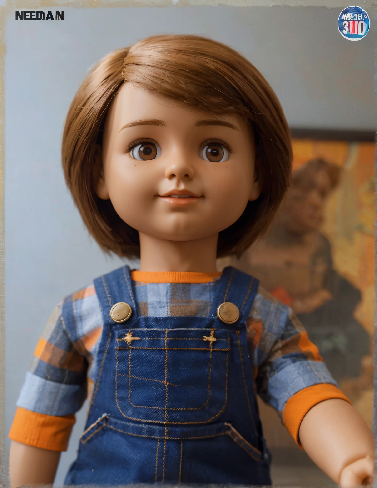 Create a work of art of a Good Guys style doll, with a face similar to the boy from Mad Comics, with straight medium dark brown hair, a face inspired by Alfred E. Neumanda, Mad magazine with a red and white plaid lumberjack shirt, brown shoes and orange, and dark blue denim overalls", 3D model image with high resolution, textures and realistic lighting --AR 16:9 --v 5 -