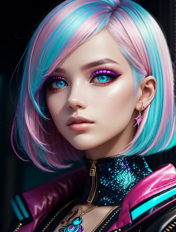 This pretty girl with bright eyes in synthography style has short, vibrant hair, carefully styled in shades of pastel blue and pink. Its intense gauze underscored by its multi-coloured irises, which seem to illuminate the room. Your skin smooth and translucent, with slight futuristic elements incorporated, such as small sparkles on the face. She wears soft makeup, with subtle neon touches that enhance your captivating expression. His style bold and avant-garde, with clothes that mix technological elements and a retro touch, like a metallic dress and holographic boots. An aura of creativity and curiosity surrounds her, her an inspiring figure in the world of art and technology. Highly detailed background:1.0), (Highly detailed background:1.0), (master part), high quality, 1girl, Woman, tattoo, depth of field, dynamic lighting, high-quality shadows,, white hair