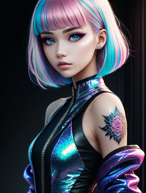 This pretty girl with bright eyes in synthography style has short, vibrant hair, carefully styled in shades of pastel blue and pink. Its intense gauze underscored by its multi-coloured irises, which seem to illuminate the room. Your skin smooth and translucent, with slight futuristic elements incorporated, such as small sparkles on the face. She wears soft makeup, with subtle neon touches that enhance your captivating expression. His style bold and avant-garde, with clothes that mix technological elements and a retro touch, like a metallic dress and holographic boots. An aura of creativity and curiosity surrounds her, her an inspiring figure in the world of art and technology. Highly detailed background:1.0), (Highly detailed background:1.0), (master part), high quality, 1girl, Woman, tattoo, depth of field, dynamic lighting, high-quality shadows,, white hair