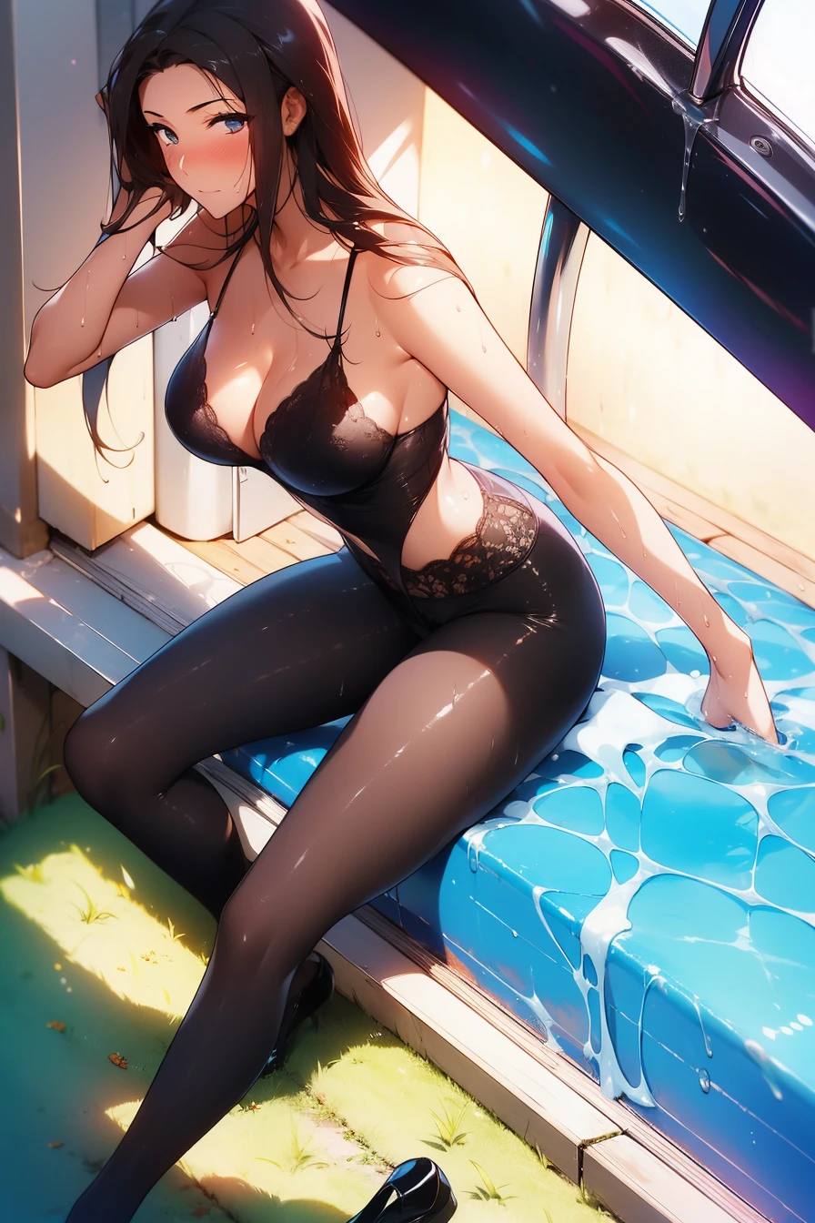 (La mejor calidad,4k,Altas Resoluciones),(realista:1.37),Shy and blushing,sexy,monos en el suelo,uniforme transparente mojado,Black lingerie,pantalon corto,Medias negras largas,Wet,empapado,abierta de piernas,Agua,(foto ),
(Cuerpo completo,anime),(vivid colors),(Soft lighting)