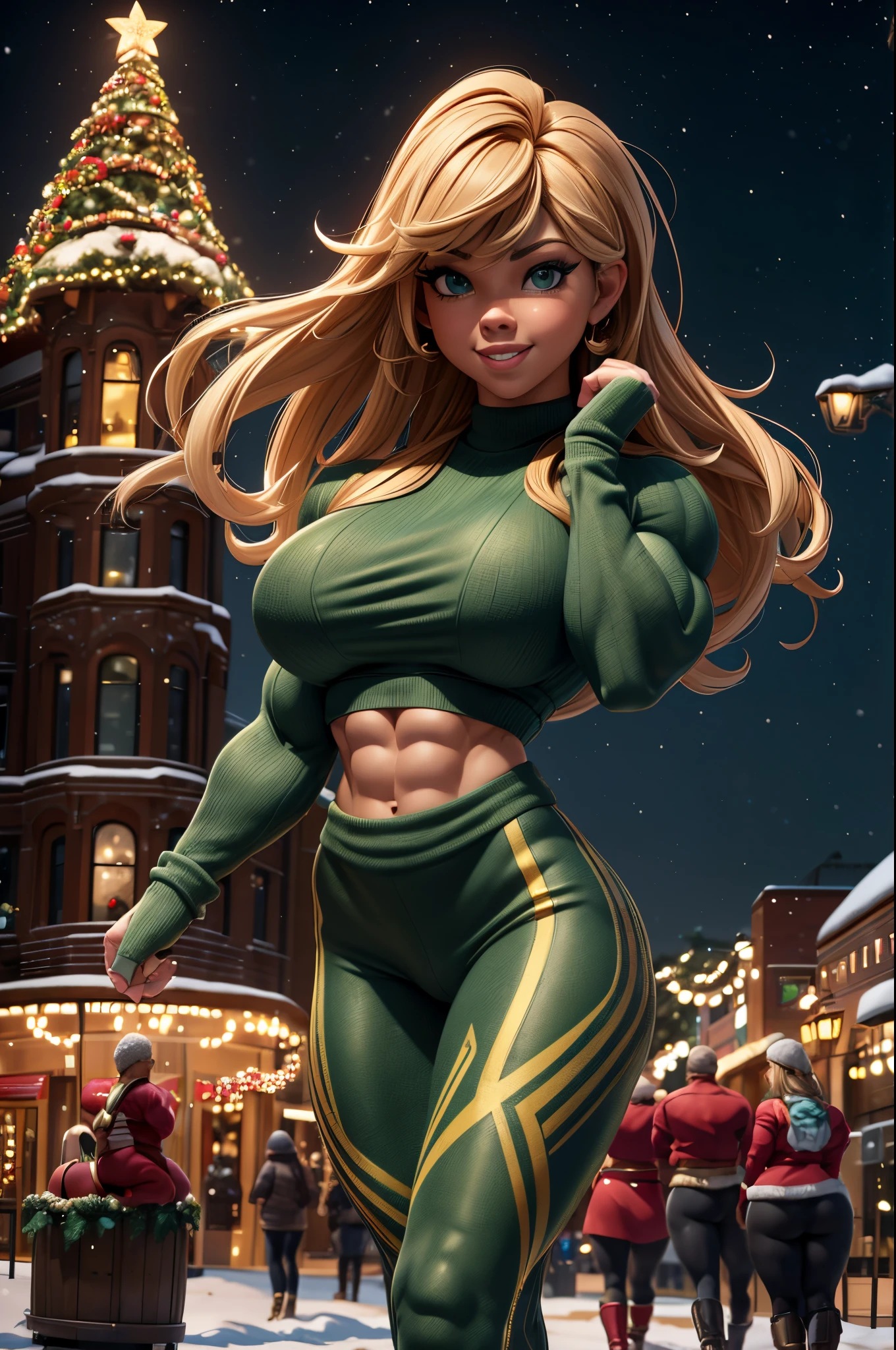 A sexy version of Jennette Mccurdy, full body, Hypermuscular, shes a massive bodybuilder, bulky,  hypermuscular torso, hypermuscular arms, hypermuscular legs, bountiful breasts, detailed face, detailed green eyes, detailed lips, Beautiful smile, detailed nose, cute crop top sweater,  leggings, boots, snowy, town center Christmas tree lighting, multicolored Christmas lights, (masterpiece, 8k, UHD, best quality:1.2, dynamic), ((((huge muscles)))), massive presence