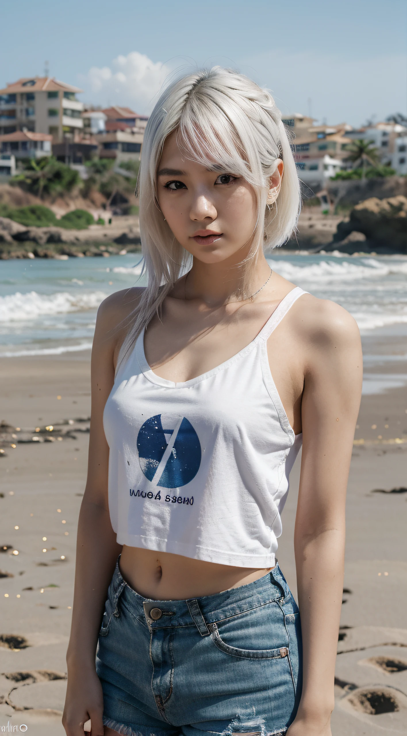 plano detalle, 20-year-old, Asian girl, asian factions, French Bob Style Hair, dyed white hair, ojos verdes, Looking at the camera, Retrato fotorrealista, enorme detalle, piel texturizada, piel detallada, camiseta blanca, shorts tejanos, estilo kpop, cara ultradetallada, en la playa, de dia, soleado, fondo detallado, detalle en toda la imagen, estilo de imagen hiperrealista, posando, profesional photography, tomada con Canon EOS 5D,