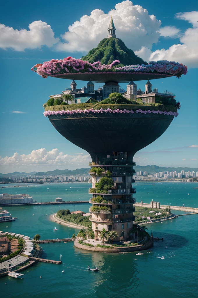 /upscale "Create a surrealistic image of an entire city floating in the sky, desafiando as leis da gravidade."