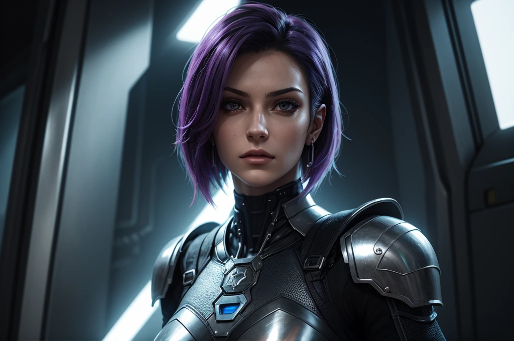 "Please create a UV Texture with the following characteristics: Representation of an entire glass, with a beautiful cyberpunk princess dressed in armor and short hair. The image must be hyper-realistic, with an extremely detailed face. The resolution of the texture must be 16k."