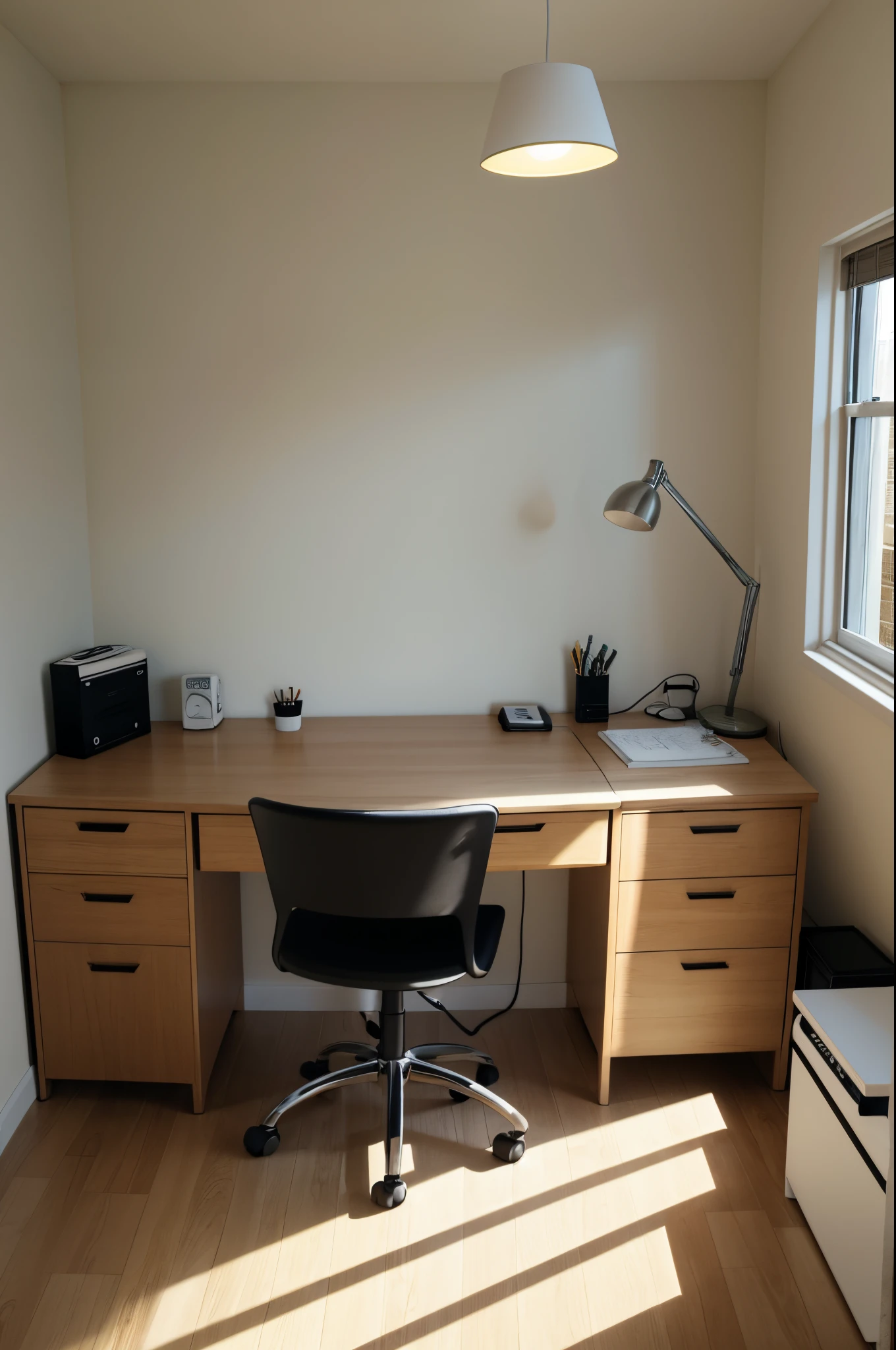 Empty room with desk and lampshade