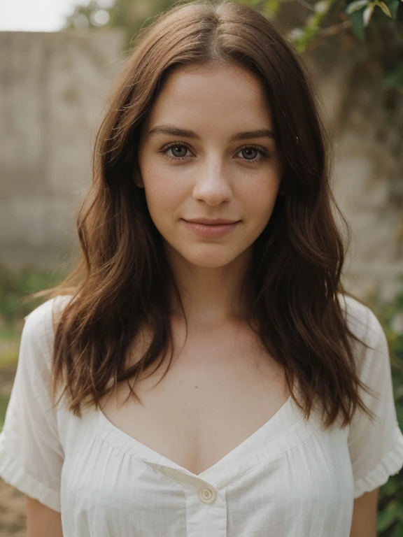 Photographic portrait of an Irish girl, cabello rojo rizado y suelto, su cara pensativa y sonriente, gaze at the camera, Cinematographer,  face symmetrical, eyes symmetrical, Enfoque suave, Altamente detallado, natural  lighting, Seguimiento de rutas, specular lighting, Camino trazado del cabello, Mapeo de sombras, Mapa de Glossiness,  photograph by Leah robinson ,Using a Hassleblad 1000MPS medium format digital camera