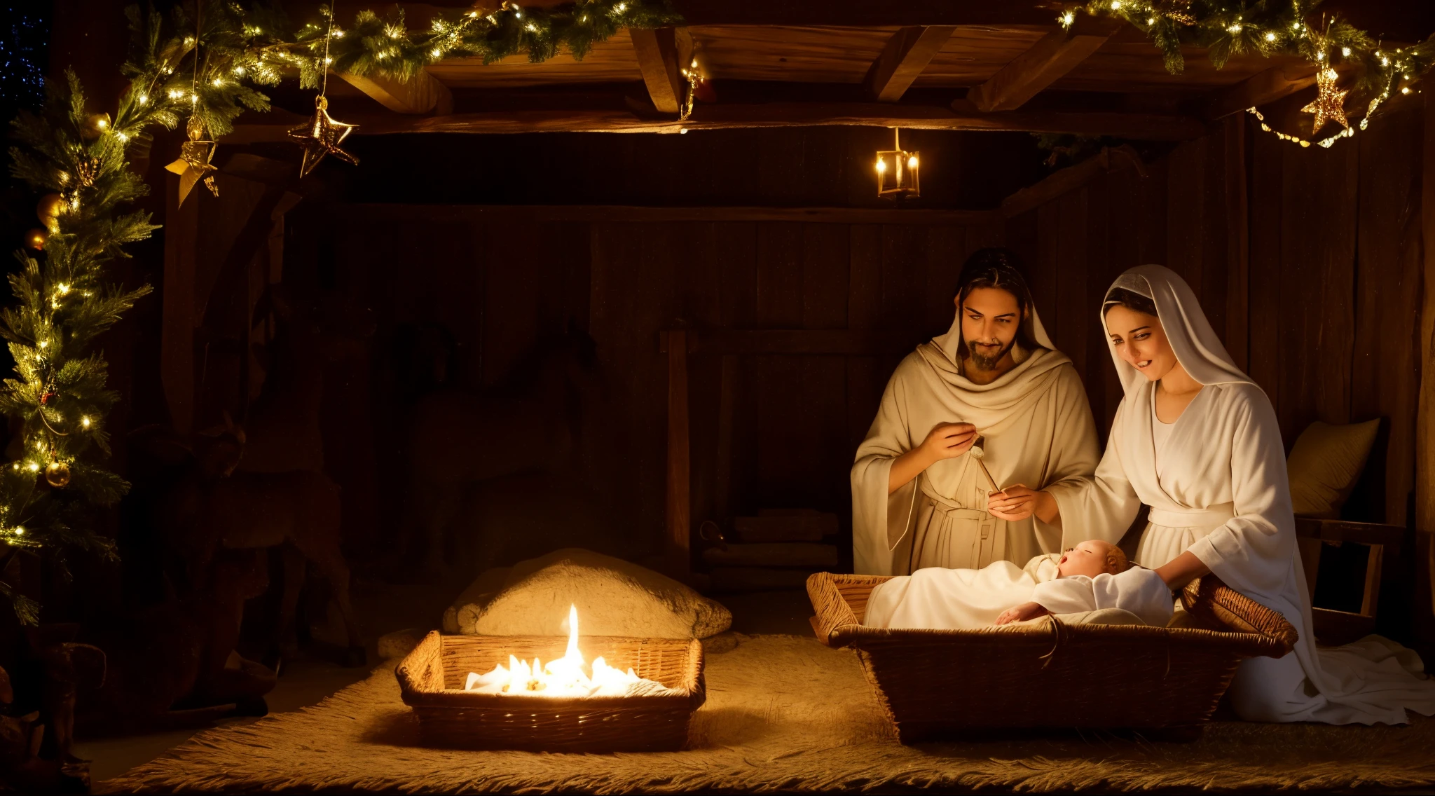 Araffe nativity scene with a manger and a baby in a basket, Shutterstock, Com o Menino Jesus, atmosfera calorosa e alegre, Obra-prima da luz brilhante, Noite de Natal, exclusivo, foto de uma bela, trending ，, iStock, holiday season, Directed by: Bernard Meninsky, Epifania, Ver, alegria, editing, Reconfortante,