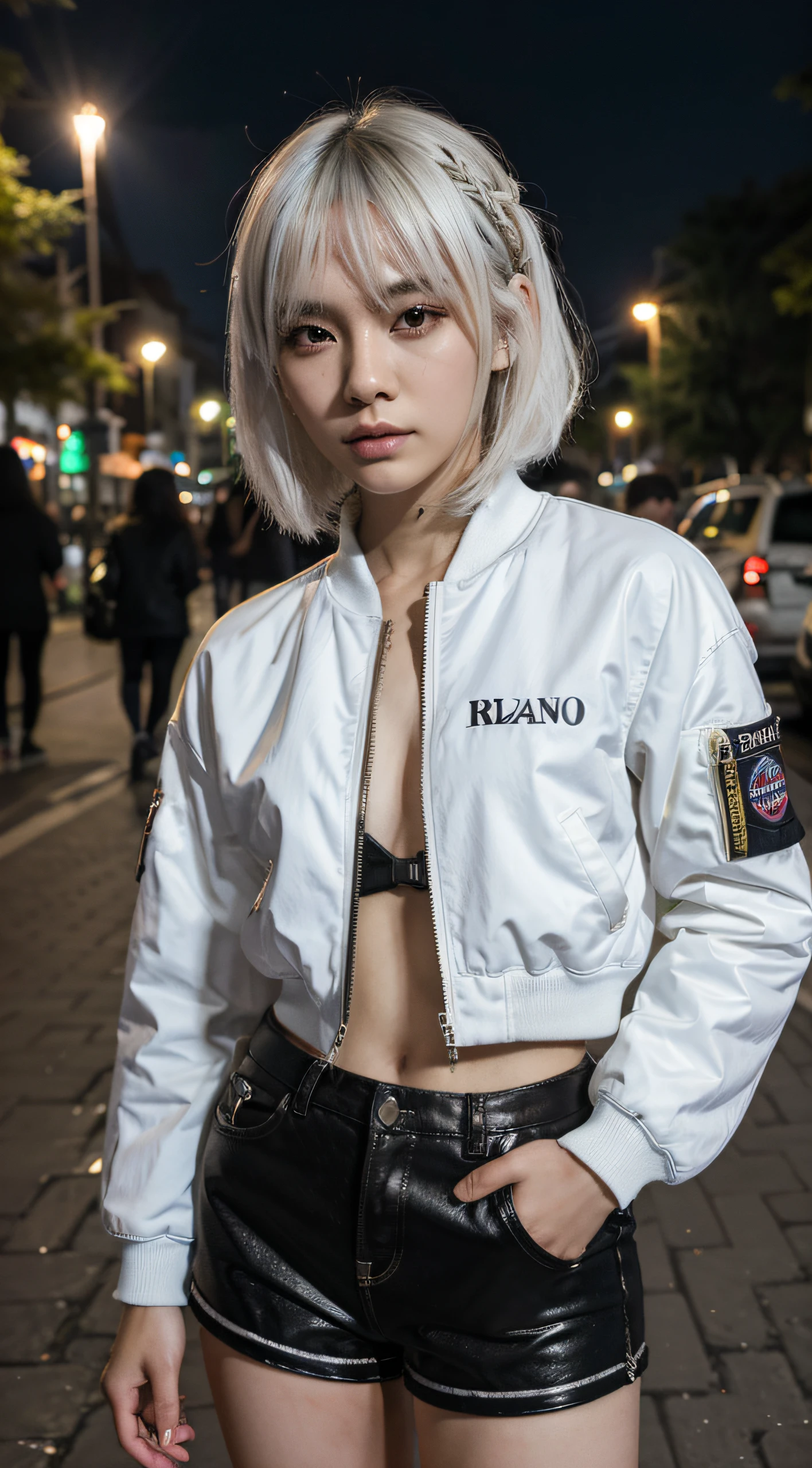plano detalle, 20-year-old, Asian girl, asian factions, French Bob Style Hair, dyed white hair, ojos verdes, Looking at the camera, Retrato fotorrealista, enorme detalle, piel texturizada, piel detallada, chaqueta bomber, shorts tejanos, estilo kpop, cara ultradetallada, en la calle, de noche, street lighting, fondo detallado, detalle en toda la imagen, estilo de imagen hiperrealista, posando, profesional photography, tomada con Canon EOS 5D,