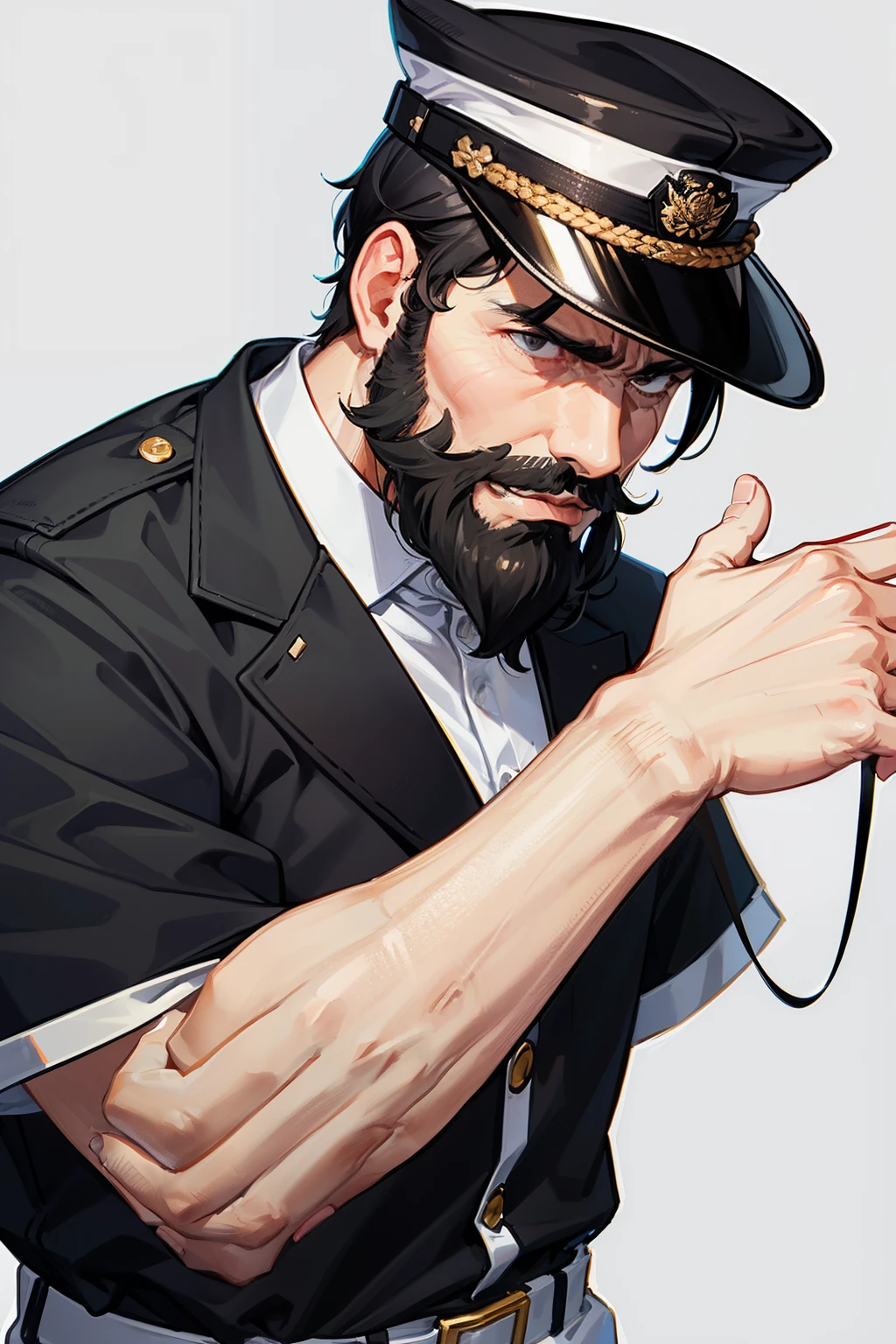1man, old, white navy uniform, black short hair, black beard, serious