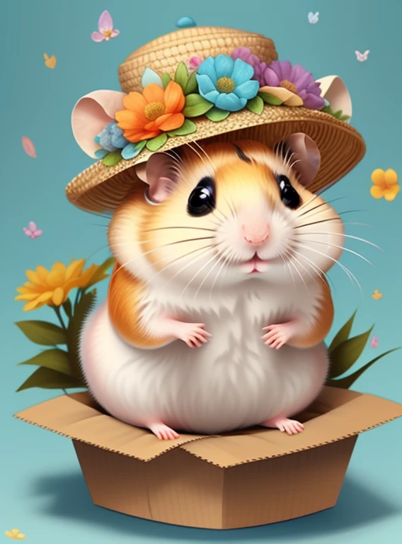 (cute hamster smiling with a flower hat in a box), Munchkin  ,Geometric multidimensional wall portrait, livro de arte, Tchibi,
Yang08k, Beautiful, Colouring,
Obras, of the highest quality, best quality, Arte Oficial, Beautiful and Aesthetic,