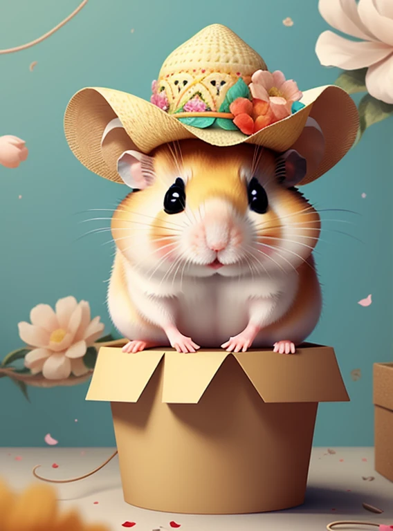 (cute hamster smiling with a flower hat in a box), Munchkin ,Geometric multidimensional wall portrait, livro de arte, Tchibi,
Yang08k, Beautiful, Colouring,
Obras, of the highest quality, best quality, Arte Oficial, Beautiful and Aesthetic,