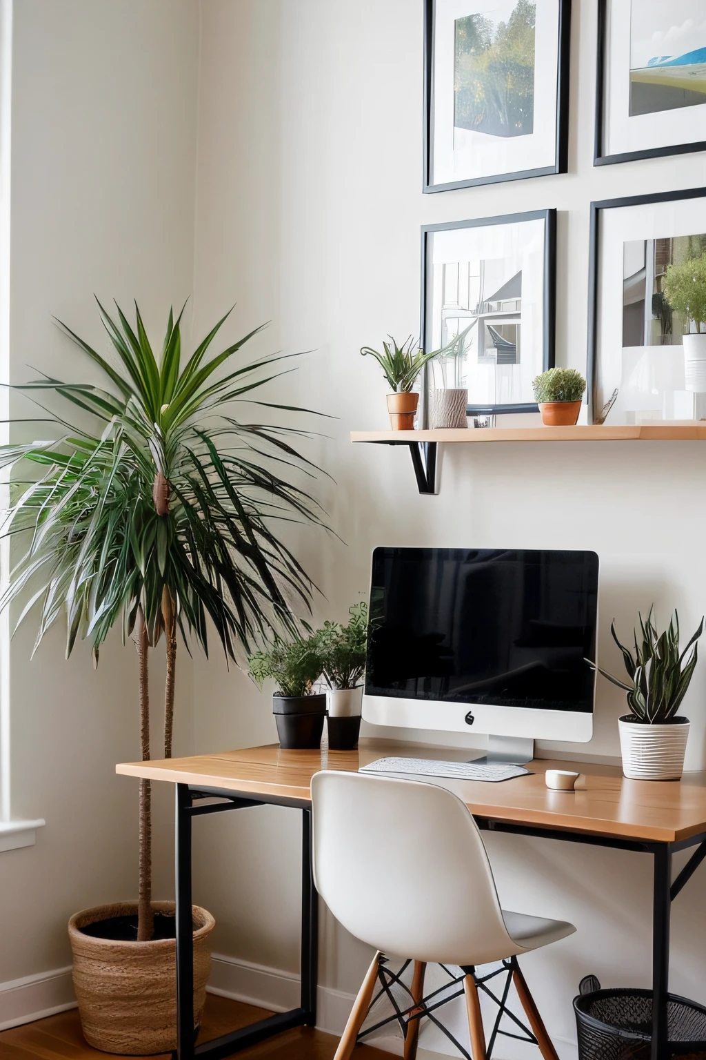 (Create an image of a modern workplace with careful organization. The scene should include a clean and uncluttered table with two computer screens placed side by side. auf dem Tisch, Add a potted plant, eine Tasse Kaffee, und ein ordentlich platzierter Bleistift. Die Beleuchtung sollte warm und einladend sein, Creating a productive and aesthetically pleasing atmosphere. Konzentrieren Sie sich auf Details, to present a harmonious mix of technology and nature in a work environment