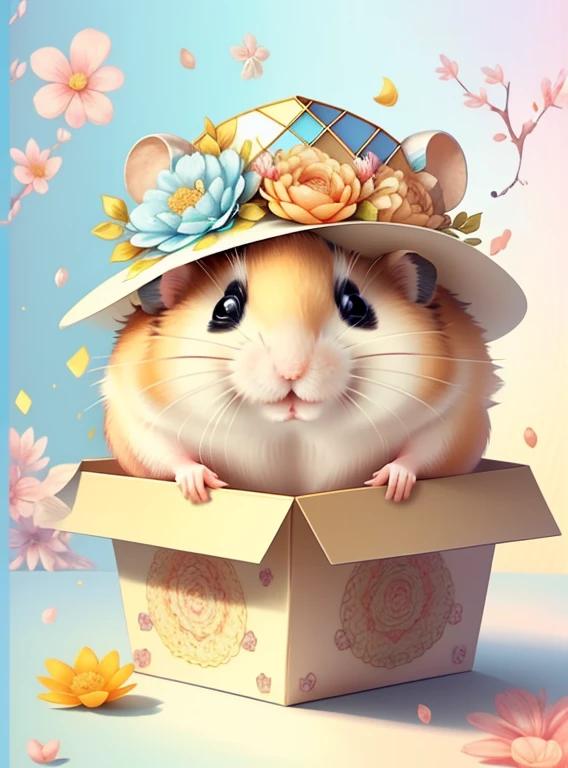 (cute hamster smiling with a flower hat in a beautiful box), Munchkin ,Geometric multidimensional wall portrait, livro de arte, Tchibi,
Yang08k, Beautiful, Colouring,
Obras, of the highest quality, best quality, Arte Oficial, Beautiful and Aesthetic,