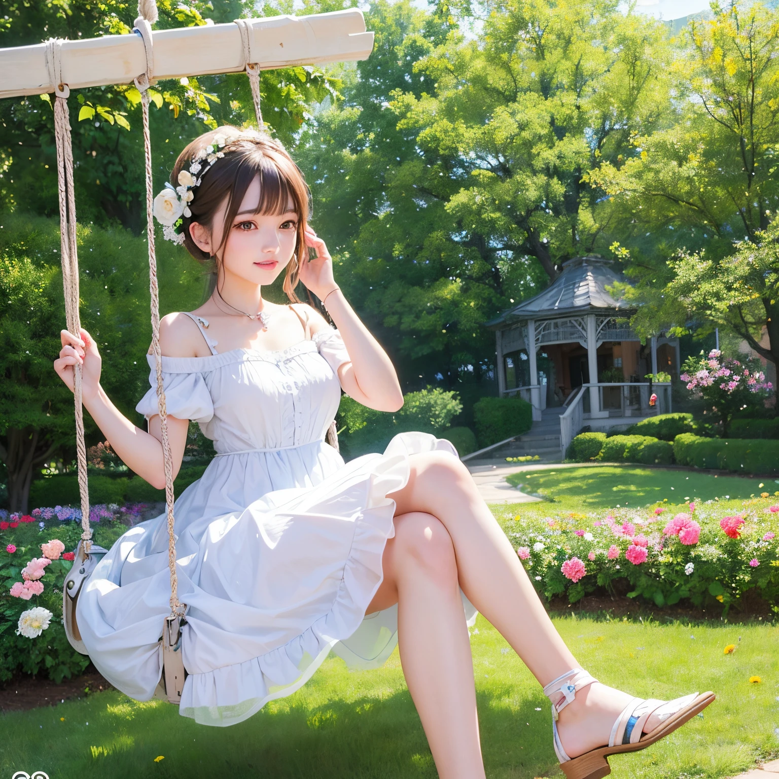 concept-art、❴Beautiful girl riding a swing in a flower garden❵、❴kawaii faces❵、Clear skin、Beautiful smile、A look that captivates viewers、(Fantastical)、Glamorous depiction、Accurate composition、Masterpiece、4K