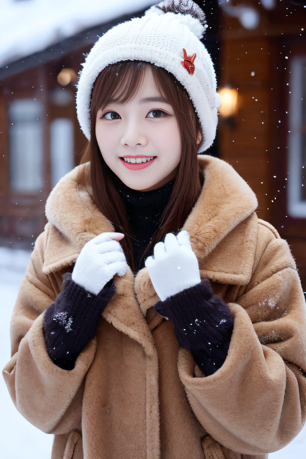 (Best Quality,8K,High resolution:1.2),(beautifulRealistic.6)、(Cute s:1.4),(Choppy.25),(Glamorous body),(fur-coat,gloves,Yarn hat)、17 age、Professional、(My beloved woman#39;joy ang、Heartbeat in the chest)、Happy、kou、snowflakes falling、Snow Run、white shy smile、Model-like appearance、