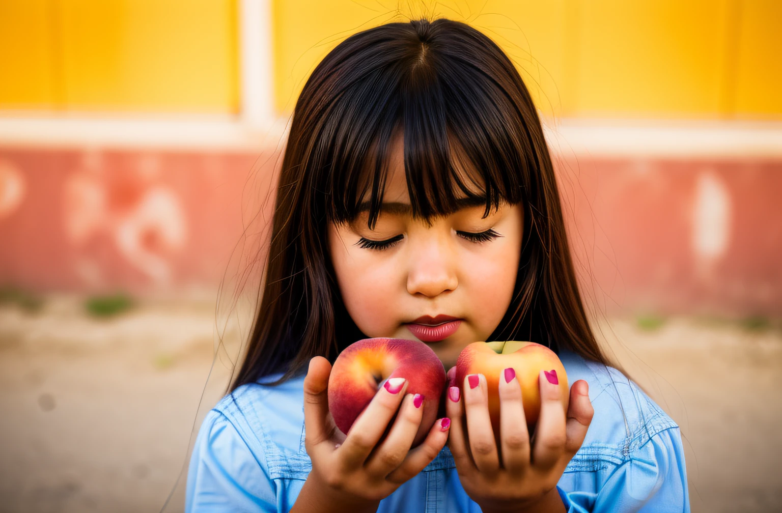 arafa girl holding two apples in front of her face, she is eating a peach, one holds apple in hand, holding an apple, comer frutas podres, she eating a peach, partially cupping her hands, alta - chave, chave alta, Foto editorial, Candid portrait photo, Holding Easter eggs, with apple, Foto de estoque