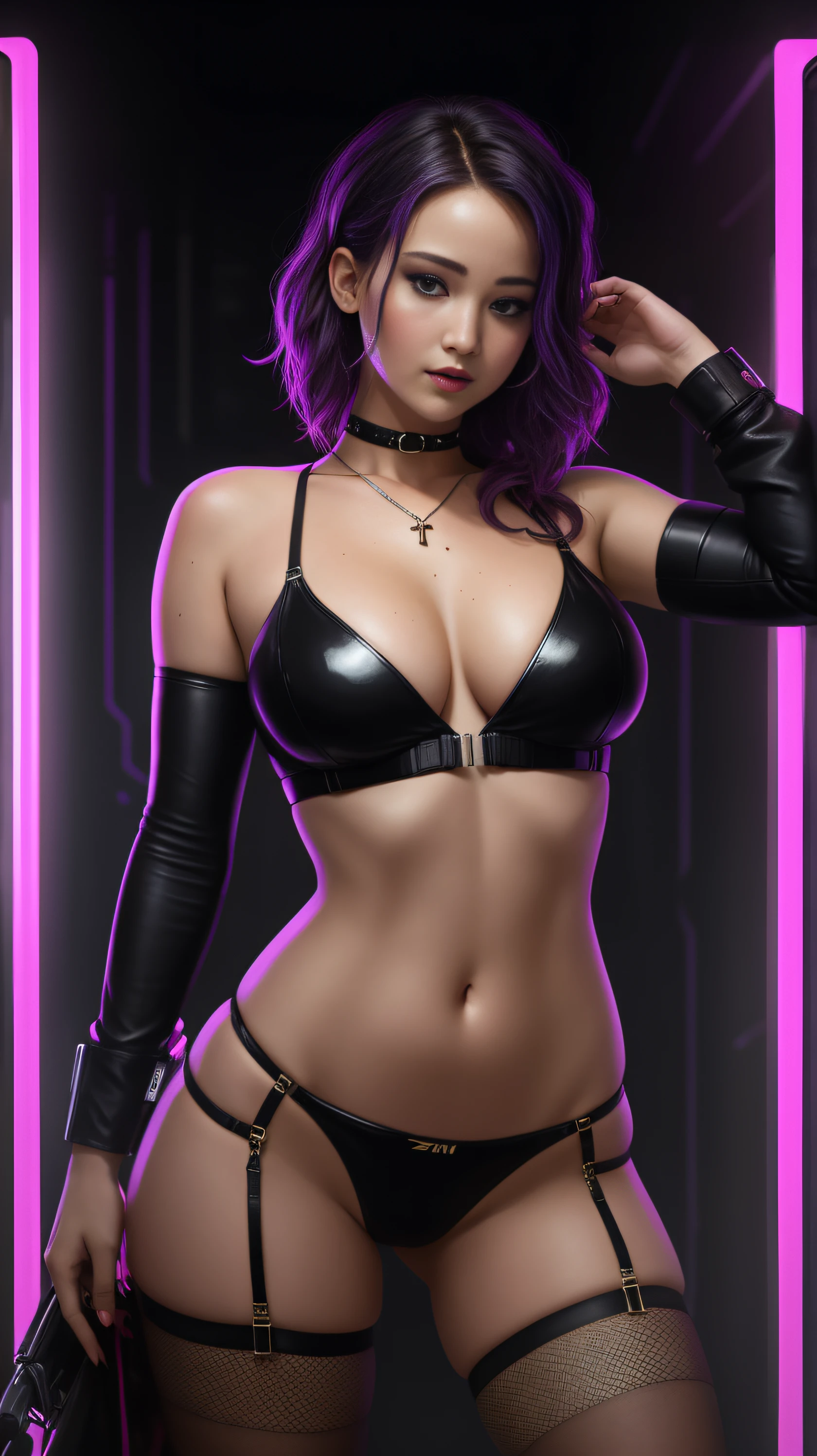 there Jennifer Lawrence standing, 3 d neon art of a womans body, neon-noir background, cyberpunk femme fatale, seductive cyberpunk dark fantasy, cyberpunk strip clubs, cyberpunk 20 y. o model girl, oppai cyberpunk, banner, high definition cgsociety, cgsociety masterpiece, trending on cgstation, kda, random hair, looking at camera, gigantic breasts, cleavage, (high detailed skin:1.2), 8k uhd, dslr, super lighting, high quality, film grain, high res, highly detailed, hyper realistic, beautiful face, beautiful body, beautiful eyes nose lips, alluring expression, very bold, upper boobs visible, full body photo, standing legs apart, pale translucent glowing skin, most beautiful face, cute, (well defined pubic hair:1.2)), (dark plain black background:1.4))