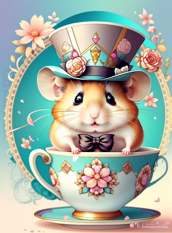 (cute hamster smiling with a flower top hat in a beautiful cup), Munchkin ,Geometric multidimensional wall portrait, livro de arte, Tchibi,
Yang08k, Beautiful, Colouring,
Obras, of the highest quality, best quality, Arte Oficial, Beautiful and Aesthetic,