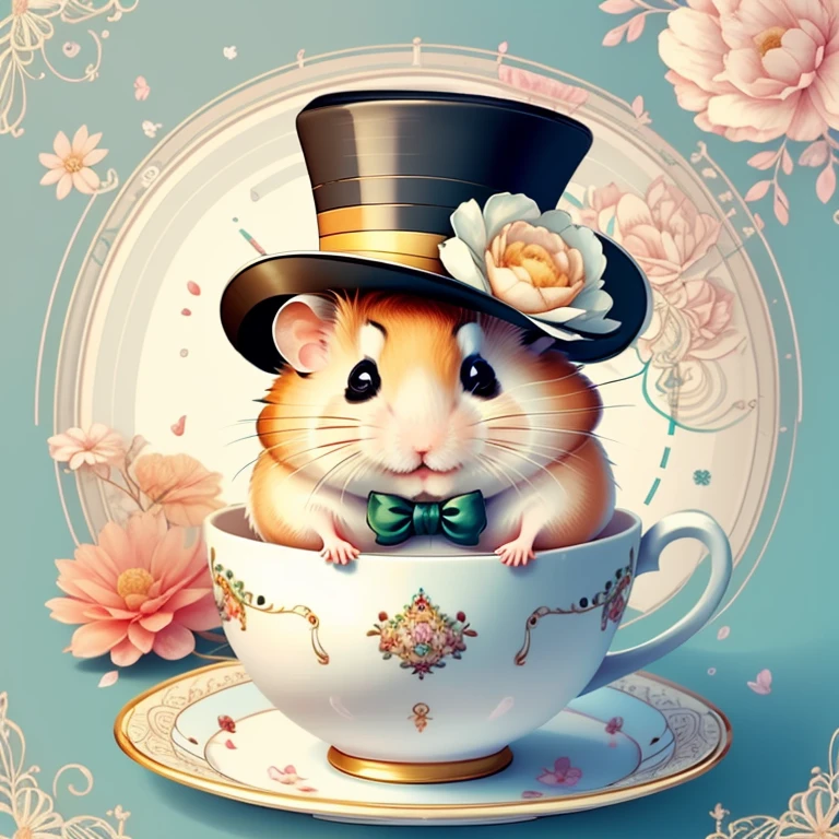 (cute hamster smiling with a flower top hat in a beautiful cup), Munchkin  ,Geometric multidimensional wall portrait, livro de arte, Tchibi,
Yang08k, Beautiful, Colouring,
Obras, of the highest quality, best quality, Arte Oficial, Beautiful and Aesthetic,