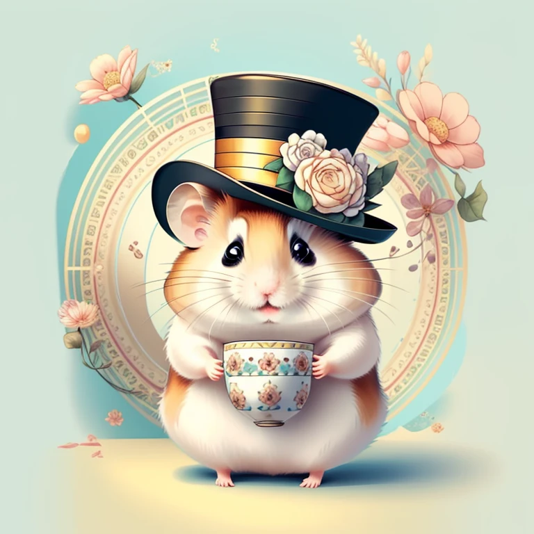 (cute hamster smiling with a flower top hat in a beautiful cup), Munchkin  ,Geometric multidimensional wall portrait, livro de arte, Tchibi,
Yang08k, Beautiful, Colouring,
Obras, of the highest quality, best quality, Arte Oficial, Beautiful and Aesthetic,