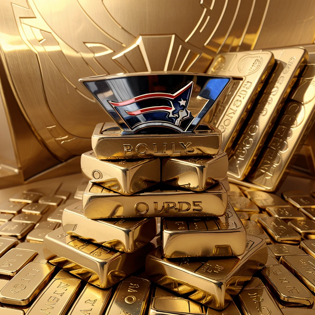 Patriots logo but futuristic with a Super Bowl trophy and 5 Super Bowl rings on a stack of gold bars