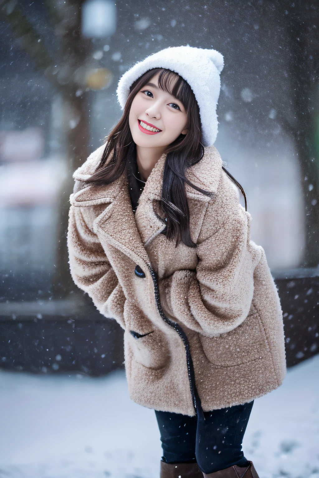 A woman in a coat and hat standing in the snow - SeaArt AI