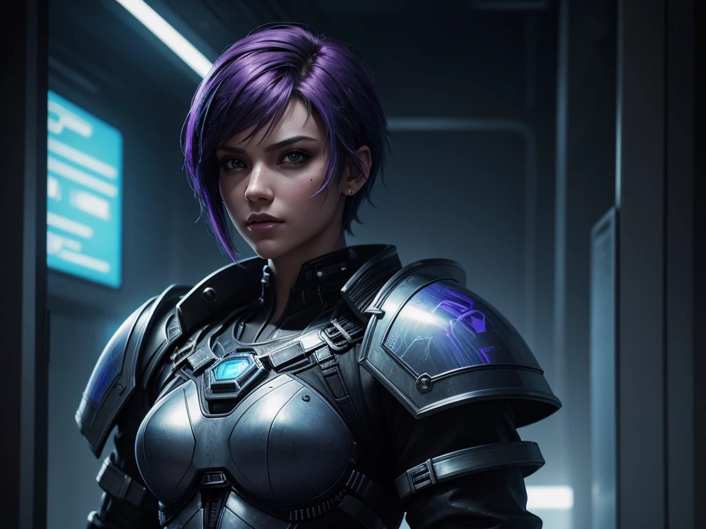 "Please create a UV Texture with the following characteristics: Representation of an entire glass, with a beautiful cyberpunk princess dressed in armor and short hair. The image must be hyper-realistic, with an extremely detailed face. The resolution of the texture must be 16k."