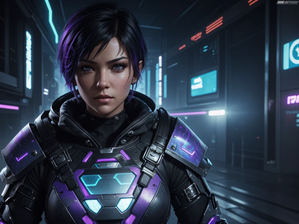 "Please create a UV Texture with the following characteristics: Representation of an entire glass, with a beautiful cyberpunk princess dressed in armor and short hair. The image must be hyper-realistic, with an extremely detailed face. The resolution of the texture must be 16k."