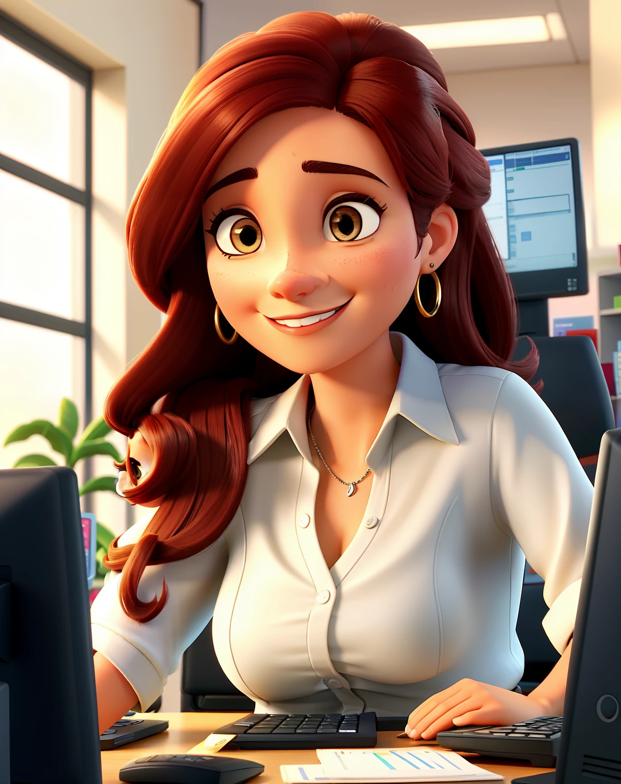 A woman businesswoman, com pele clara, olhos castanhos e cabelos Castanhos, Trabalhando em um computador, Set against the backdrop of a marketing office, estilo Disney Pixar, alta qualidade