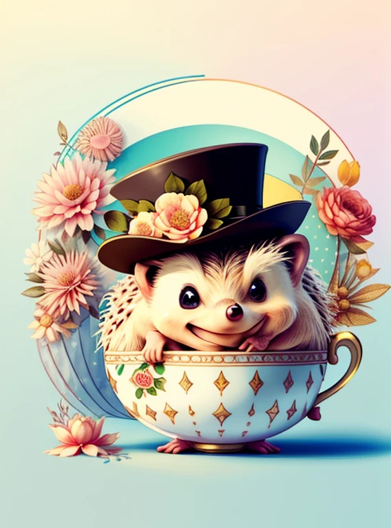 (cute hedgehog smiling with a flower top hat in a beautiful cup), Munchkin ,Geometric multidimensional wall portrait, livro de arte, Tchibi,
Yang08k, Beautiful, Colouring,
Obras, of the highest quality, best quality, Arte Oficial, Beautiful and Aesthetic,