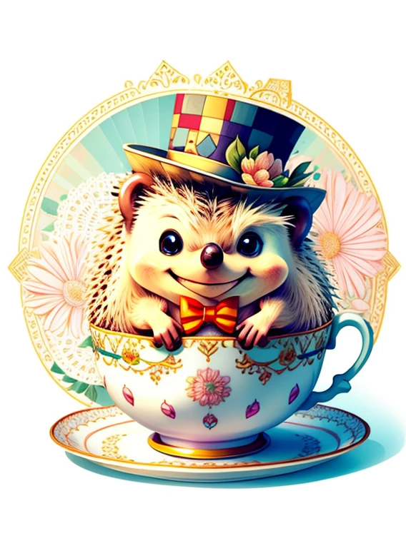 (cute hedgehog smiling with a flower top hat in a beautiful cup), Munchkin ,Geometric multidimensional wall portrait, livro de arte, Tchibi,
Yang08k, Beautiful, Colouring,
Obras, of the highest quality, best quality, Arte Oficial, Beautiful and Aesthetic,