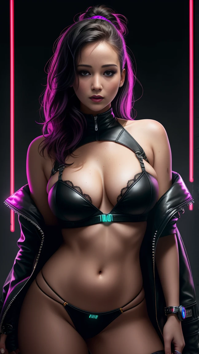 there   Jennifer Lawrence standing, 3 d neon art of a womans body, neon-noir background, cyberpunk femme fatale, seductive cyberpunk dark fantasy, cyberpunk strip clubs, cyberpunk 20 y. o model girl, oppai cyberpunk, banner, high definition cgsociety, cgsociety masterpiece, trending on cgstation, kda, random hair, looking at camera, gigantic breasts, cleavage, (high detailed skin:1.2), 8k uhd, dslr, super lighting, high quality, film grain, high res, highly detailed, hyper realistic, beautiful face, beautiful body, beautiful eyes nose lips, alluring expression, very bold, upper boobs visible, full body photo, standing legs apart, pale translucent glowing skin, most beautiful face, cute, (well defined pubic hair:1.2)), (dark plain black background:1.4))