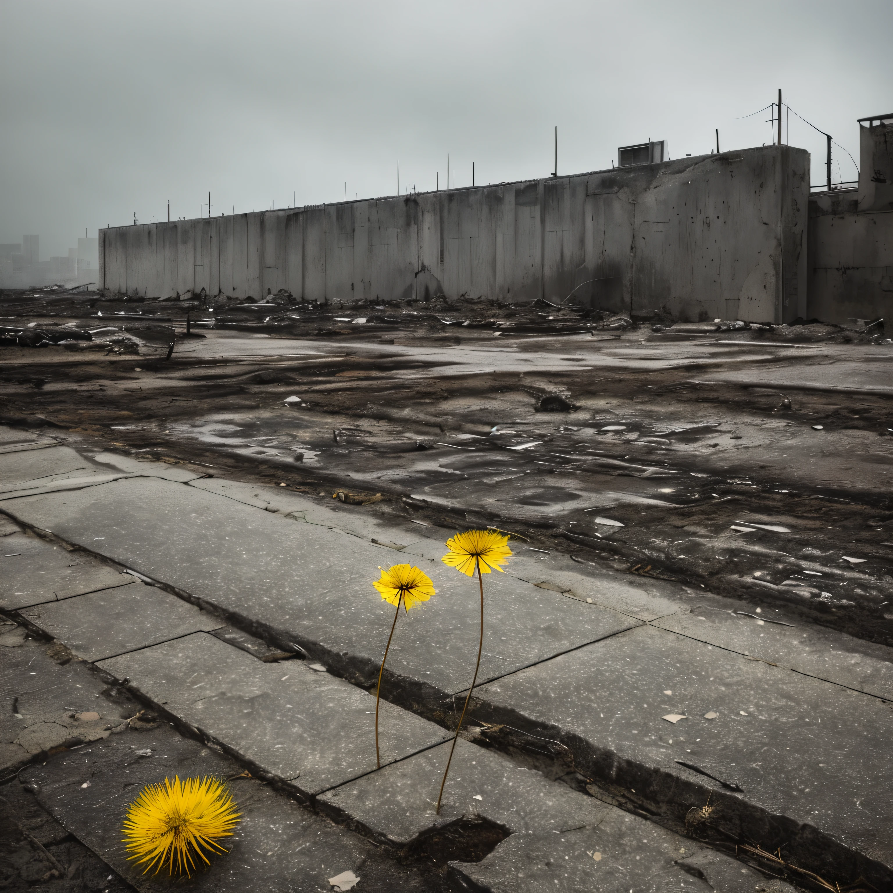 a hauntingly image that captures the desolation of an abandoned, decaying concrete landscape. Enhance the stark contrasts to emphasize the profound sense of emptiness and solitude in the surroundings. In the foreground, showcase a brilliantly yellow dandelion defiantly pushing through a prominent and jagged crack in the unforgiving concrete. Illuminate the resilience and vitality of the dandelion against the backdrop of the harsh environment. Include subtle details like shattered fragments of concrete, overcast gloom. Ensure the overall composition evokes a poignant atmosphere of melancholy, telling a story of life's tenacity in the face of desolation.