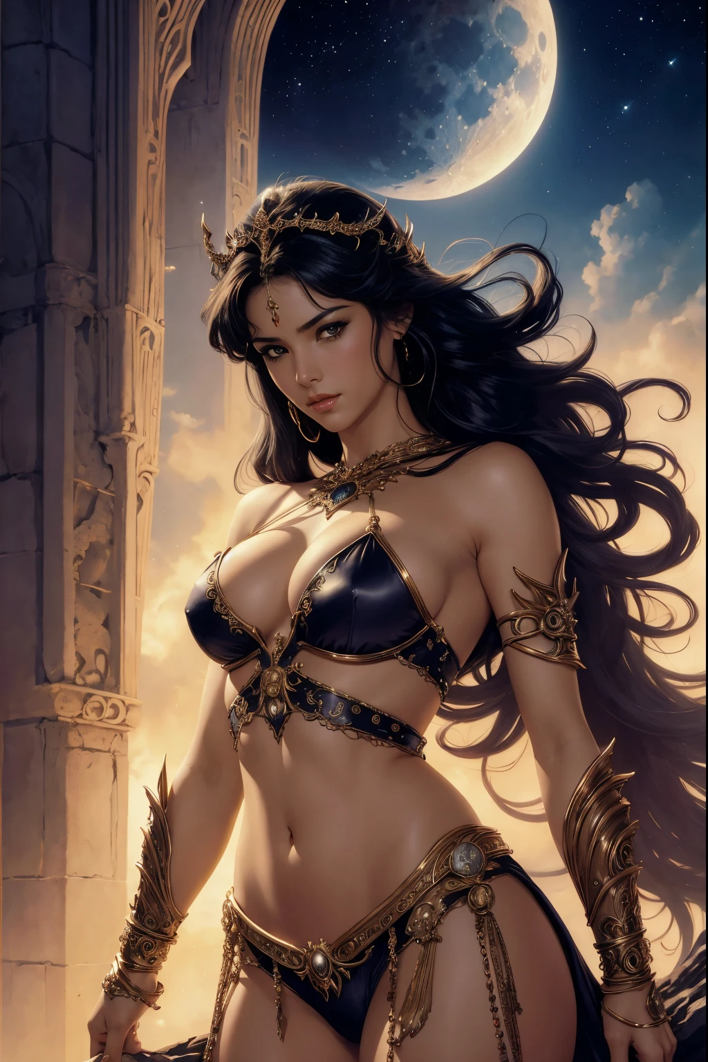 Art image of a sexy Goddess of the Moon, fantasy, show skin, cleavage, by Louis Royo, Boris Vallejo, Frank Frazetta, extreme focus, sharp details, sexy, 10,000 .C.