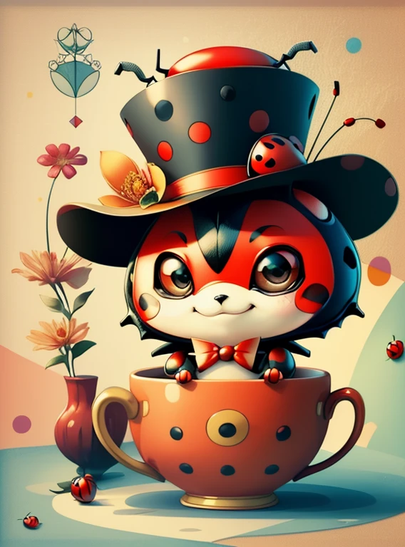 (cute red ladybug smiling with a flower top hat in a beautiful cup), Munchkin ,Geometric multidimensional wall portrait, livro de arte, Tchibi,
Yang08k, Beautiful, Colouring,
Obras, of the highest quality, best quality, Arte Oficial, Beautiful and Aesthetic,