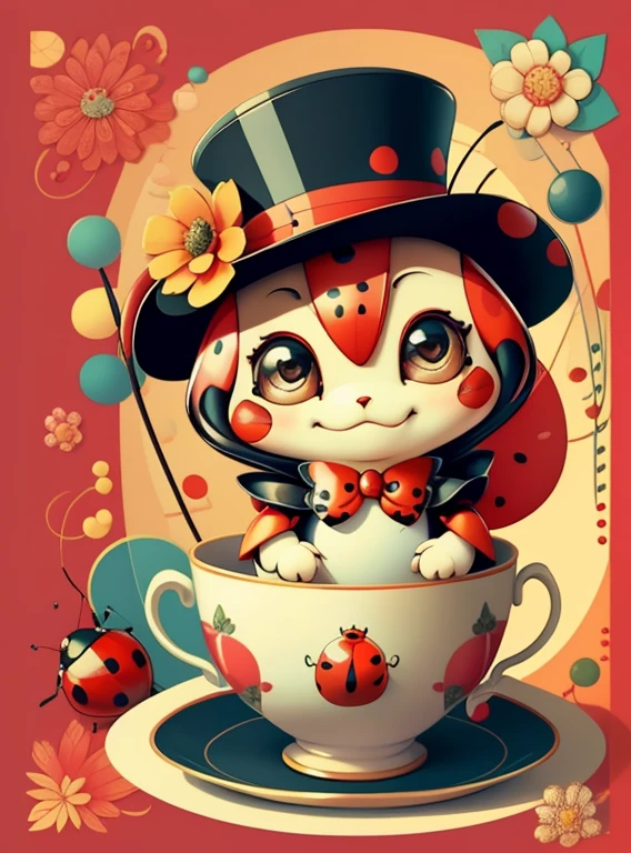 (cute red ladybug smiling with a flower top hat in a beautiful cup), Munchkin  ,Geometric multidimensional wall portrait, livro de arte, Tchibi,
Yang08k, Beautiful, Colouring,
Obras, of the highest quality, best quality, Arte Oficial, Beautiful and Aesthetic,