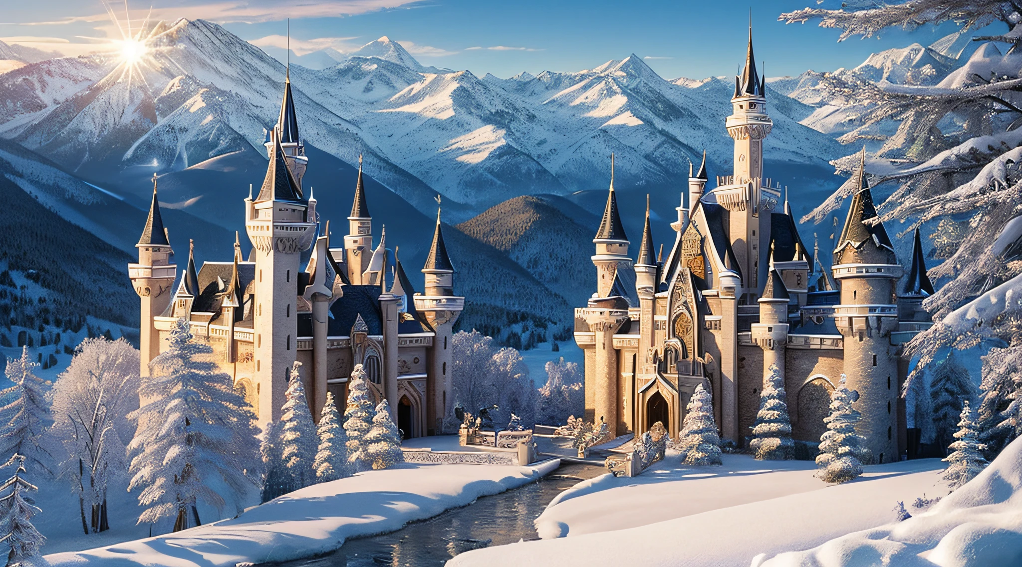 Masterpiece, Best Quality, Ultra-detailed), fairy-tale magic castle in snow-white mountains - ultra-realistic auto--