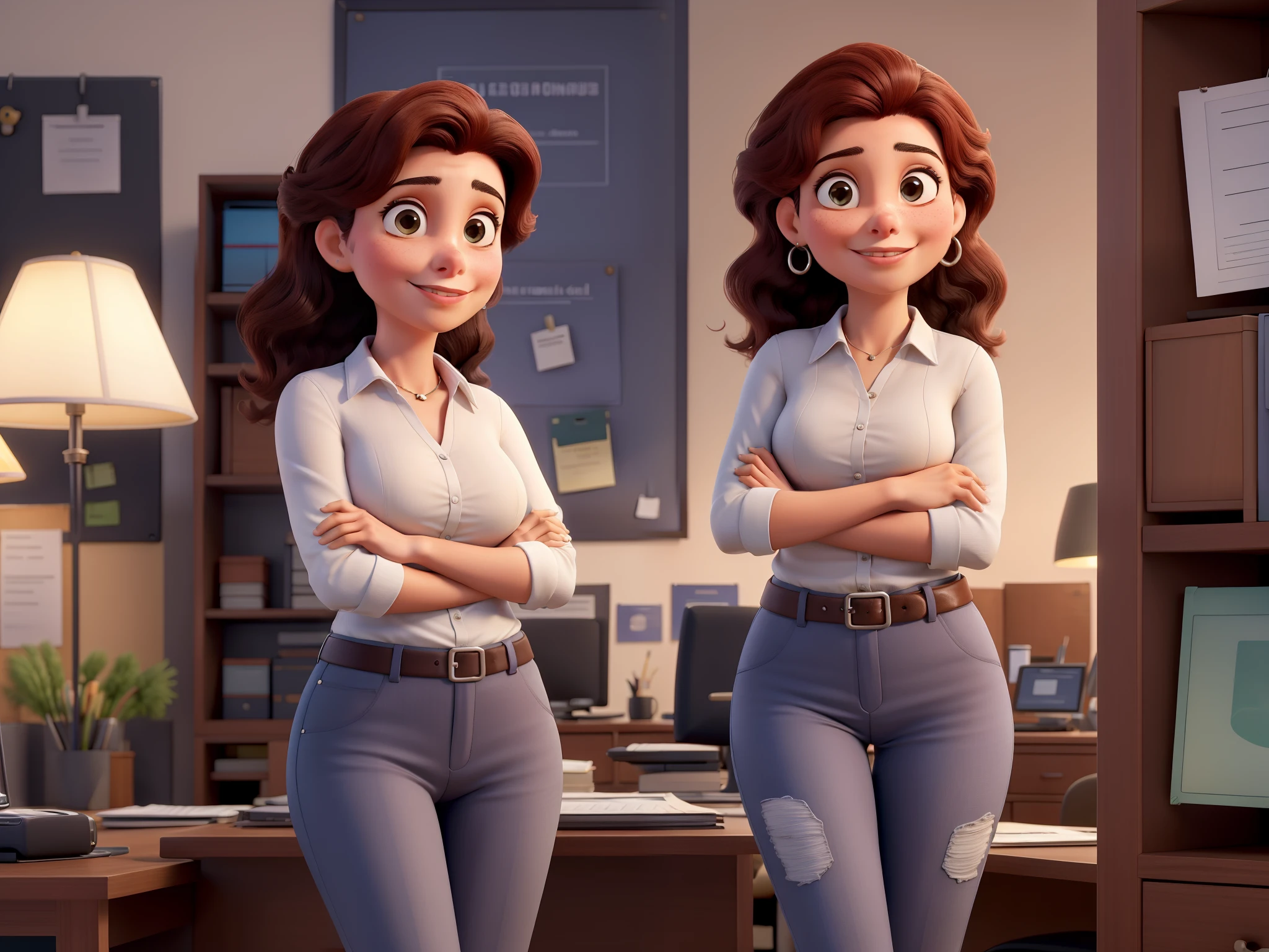 Por favor, create a series of high-quality portraits of the character Aurora Arruda, A young and successful Brazilian businesswoman. She's a young woman, por volta de seus 28 anos, de pele branca, cabelos lisos, long and brown that reach to the waist. Em cada retrato, Aurora will be smiling, Looking directly into the camera and with my arms crossed, in varied poses and scenarios.

Ademais, gostaria de explorar diferentes estilos de roupas para Aurora em cada retrato. She will be dressed in a navy blue polo collar shirt, Jeans and heels. Make sure the portraits convey Aurora's personality and versatility as a successful businesswoman in her new office.

Por favor, provide a series of full-body images that highlight Aurora Arruda's beauty and confidence in various situations and with different outfits, Creating a Collection of Stunning Portraits.