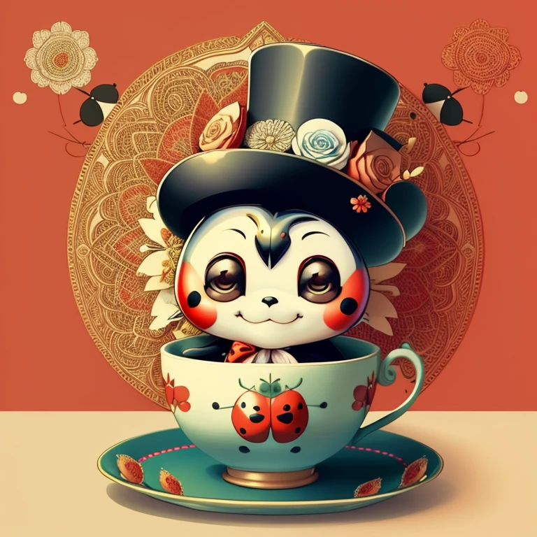 (cute red ladybug smiling with a flowers top hat in a beautiful cup), Munchkin  ,Geometric multidimensional wall portrait, livro de arte, Tchibi,
Yang08k, Beautiful, Colouring,
Obras, of the highest quality, best quality, Arte Oficial, Beautiful and Aesthetic,