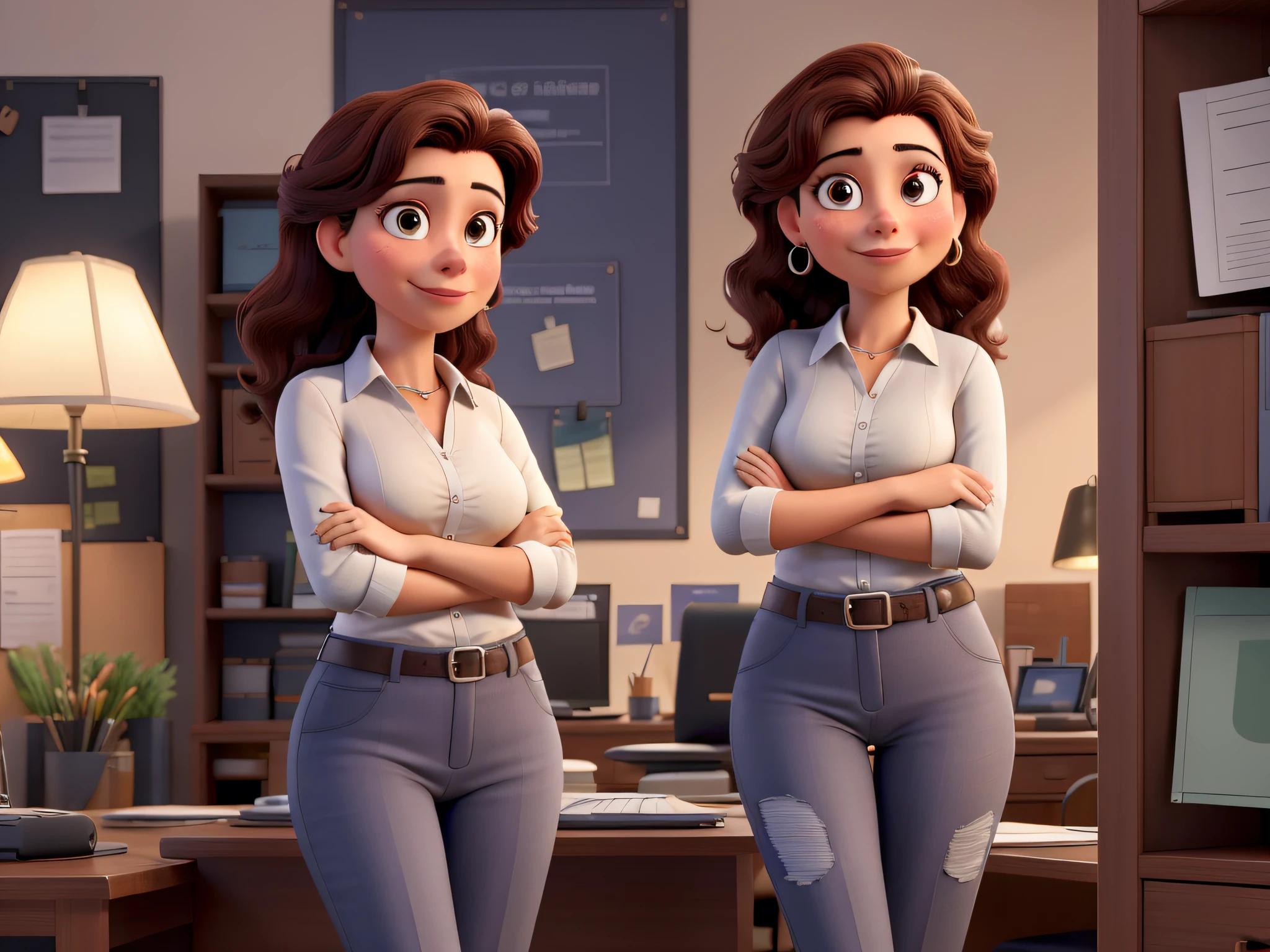 Aurora Arruda, A young and successful Brazilian businesswoman. She's a young woman, por volta de seus 28 anos, de pele branca, cabelos lisos, compridos e castanhos que atingem os ombros. Em cada retrato, Aurora is confused, Olhando para cima como se estivesse pensando, sentado em uma cadeira executiva, in varied poses and scenarios. Ademais, gostaria de explorar diferentes estilos de roupas para Aurora em cada retrato. Make sure the portraits convey Aurora's personality and versatility as a successful businesswoman in her new office. Por favor, provide a series of full-body images that highlight Aurora Arruda's beauty and confidence in different situations and with different looks, Creating a Collection of Stunning Portraits.