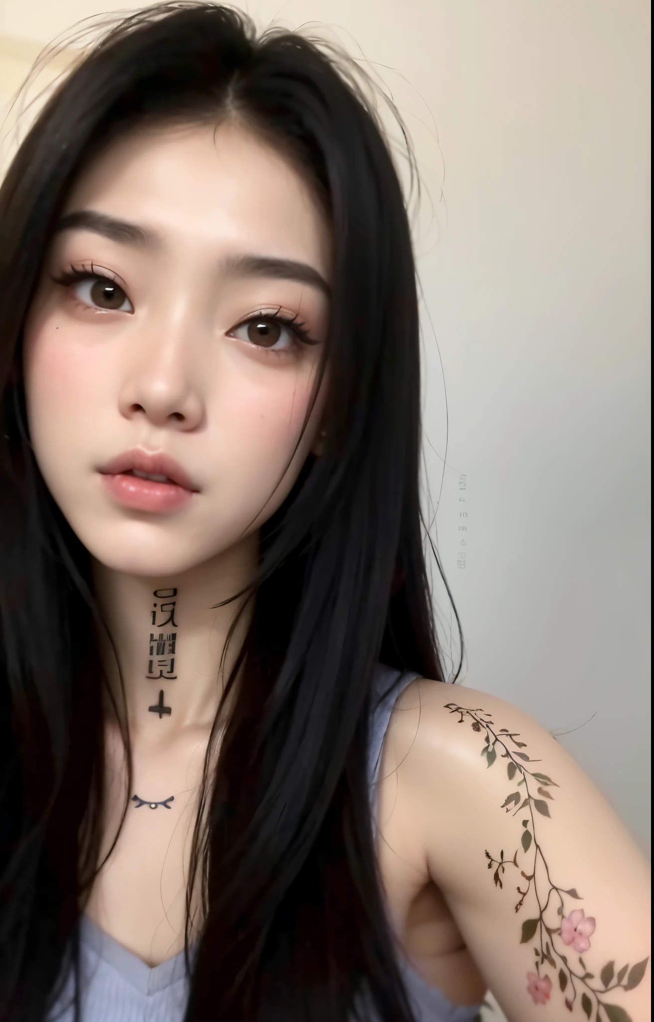 Un primer plano de una mujer con un tatuaje en el brazo, Beautiful aesthetic face, realista. Cheng Yi, Wan adorable cara coreana, beautiful asian girl, Joven y adorable rostro coreano, Chica coreana, young cute wan asian face, de chica taiwanesa con tatuajes, maquillaje popular de Corea del Sur, chica linda-fina-cara, detailed face of a asian girl, Rasgos de la cara coreana, labios grandes gruesos y pomposos, serious expression